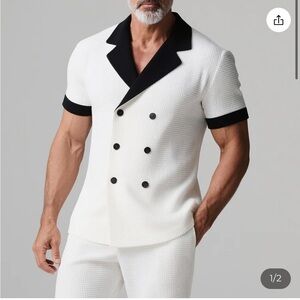 Black white Waffle Notch Lapel Double Breasted Short Sleeve Shirt resort dinner